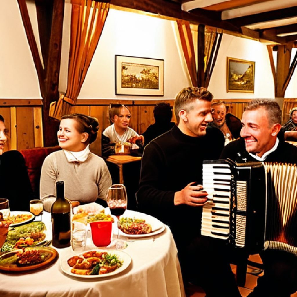 **

> A cozy "Heuriger" scene in Austria.  People are gathered around wooden tables, enjoying wine and traditional Austrian food. An accordion player is performing, filling the air with music.  Warm lighting, creating a convivial and welcoming atmosphere.

**