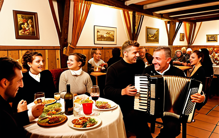 **
> A cozy "Heuriger" scene in Austria. People are gathered around wooden tables, enjoying wine and traditional Austrian food. An accordion player is performing, filling the air with music. Warm lighting, creating a convivial and welcoming atmosphere.
**