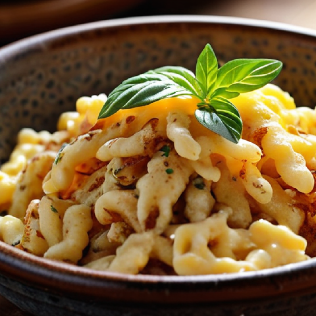 **

A close-up shot of Käsespätzle in a rustic bowl, with melted cheese cascading over the Spätzle. Garnish with crispy fried onions and a sprig of fresh herbs. The background should be slightly blurred, perhaps showing a traditional Austrian kitchen setting.

**