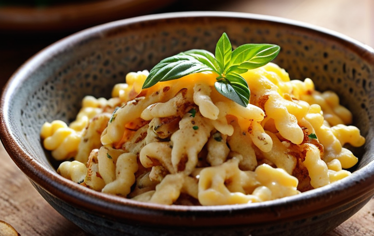 **
A close-up shot of Käsespätzle in a rustic bowl, with melted cheese cascading over the Spätzle. Garnish with crispy fried onions and a sprig of fresh herbs. The background should be slightly blurred, perhaps showing a traditional Austrian kitchen setting.
**