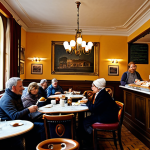 Viennese Coffeehouse Scene**

"A bustling Viennese coffeehouse, filled with patrons reading newspapers and conversing at small tables, fully clothed customers enjoying 'Kaffee und Kuchen', appropriate attire, safe for work, perfect anatomy, natural proportions, traditional setting, professional photography, high quality, warm lighting, modest setting, family-friendly."

**