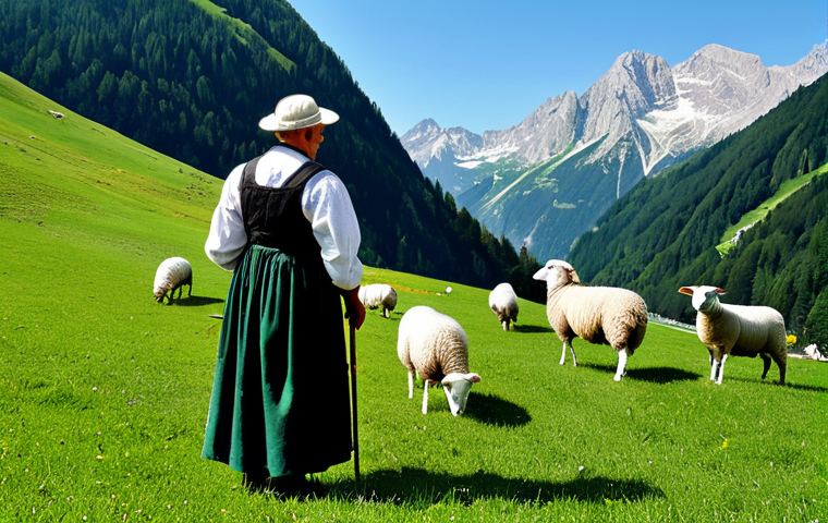 오스트리아 미신과 전통 신앙 - Almgeist in the Alps**
"A benevolent Almgeist (alpine spirit) tending to sheep on a lush green alpi...